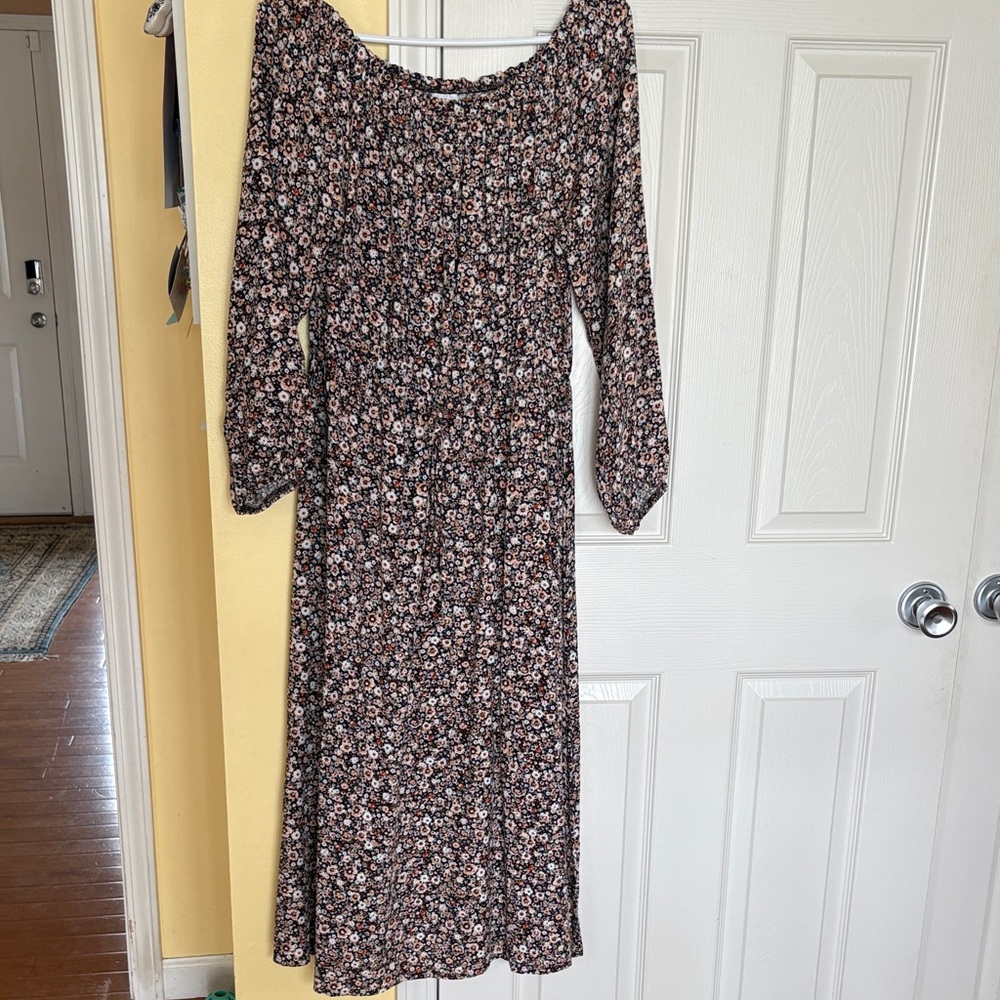 Smocked Off-Shoulder Floral Midi Dress in Black and Pink